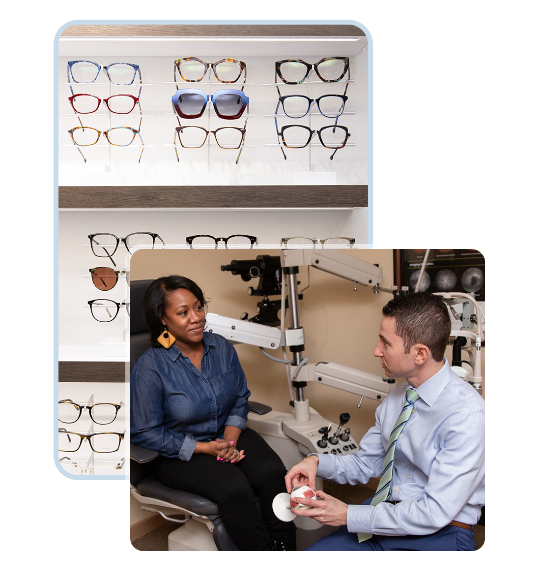 Frames on display and an optometrist with a patient