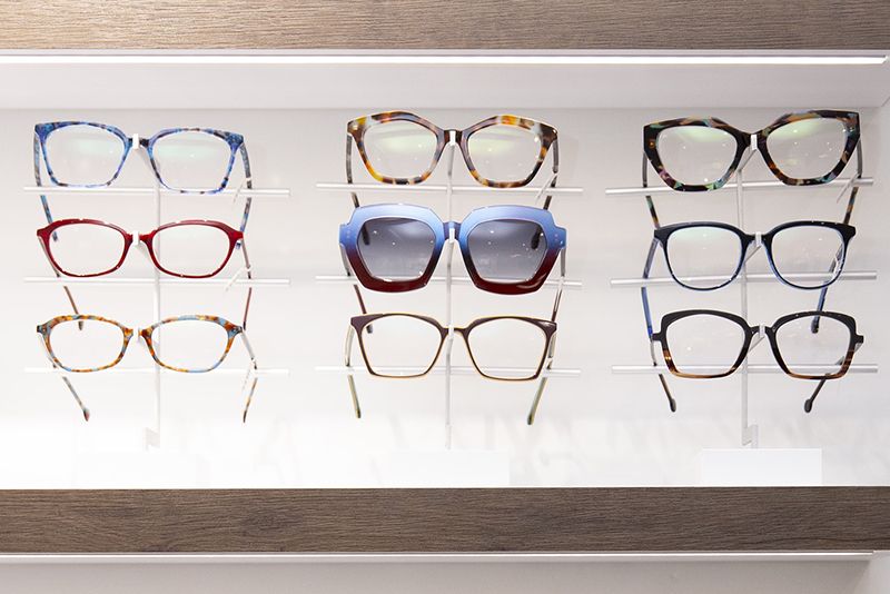 Colored eyeglass frames on display
