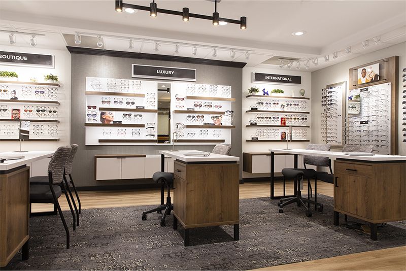 Frame displays across the optical shop